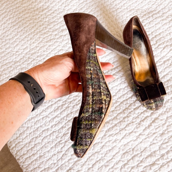 Coach Naomi Tweed Boucle  Plaid Suede Brown Velvet Bow Heels - Picture 5 of 12